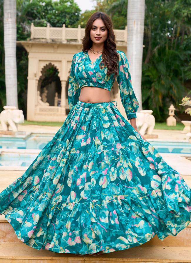 Georgette Teal Traditional Wear Printed Ready To Wear Lehenga Choli